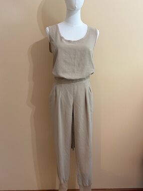 DKNY Sleeveless Scoop Neck Jumpsuit Beige Tan Pleated Belted